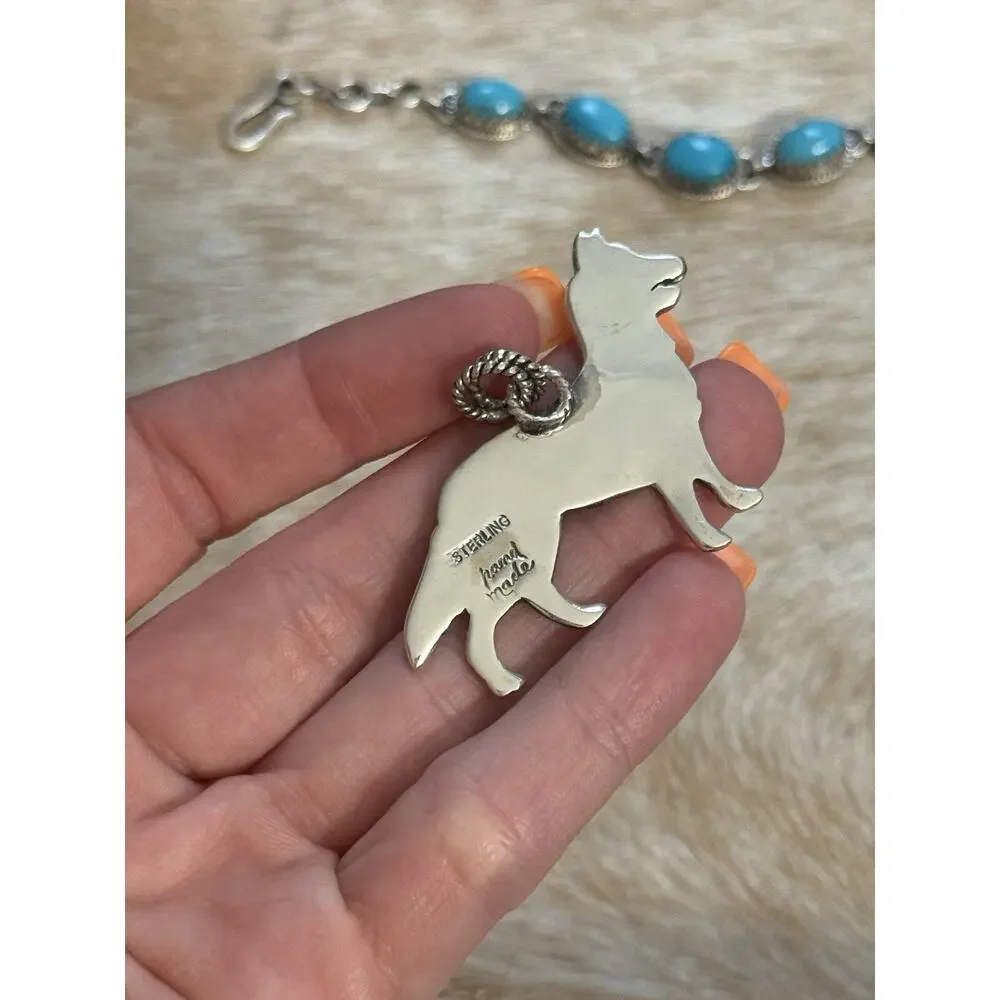 Native American 925 SW Sterling Silver Turquoise Husky Wolf Dog Pendant Detailed - Picture 3 of 9